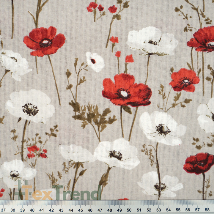 100% Baumwolle Mohnblumen rot-weiß auf beigem Hintergrund