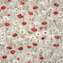 100% Baumwolle Mohnblumen rot-weiß auf beigem Hintergrund