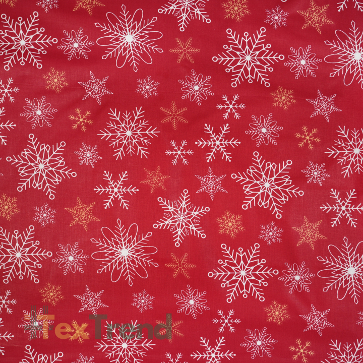 100% Baumwolle Weihnachtsmuster Schneeflocken Gold-Weiß auf rotem Hintergrund