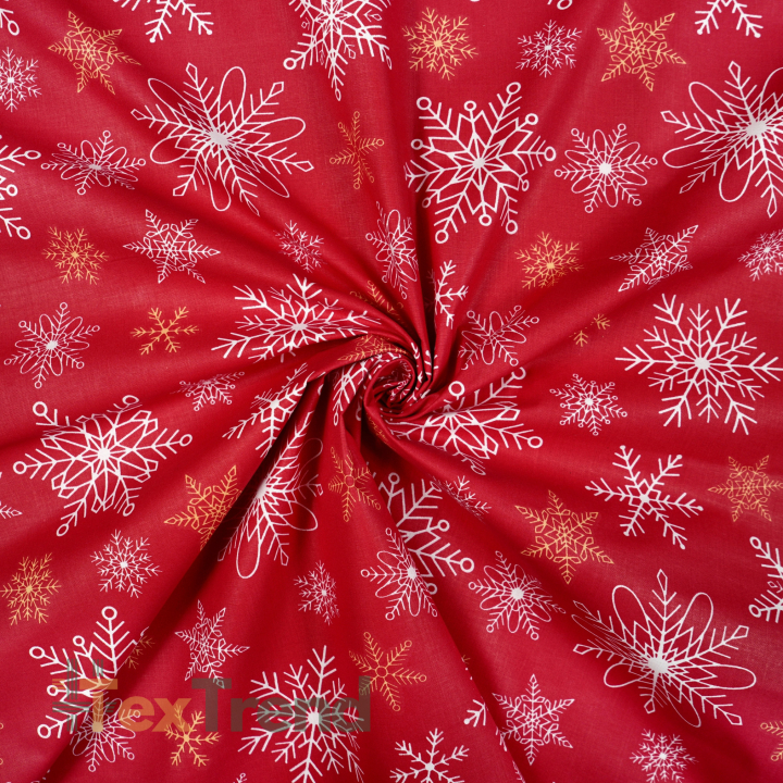 100% Baumwolle Weihnachtsmuster Schneeflocken Gold-Weiß auf rotem Hintergrund