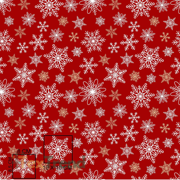 100% Baumwolle Weihnachtsmuster Schneeflocken Gold-Weiß auf rotem Hintergrund