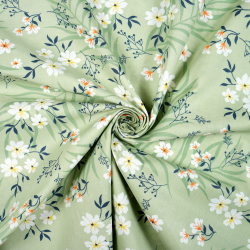 100% Baumwolle mit weißen Blumen auf pistaziengrünem Hintergrund - 220cm