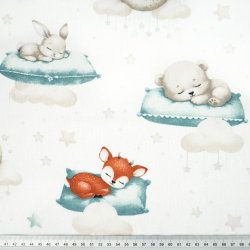 100% Baumwolle schlafende Tiere auf türkisfarbenen Kissen auf weißem Hintergrund