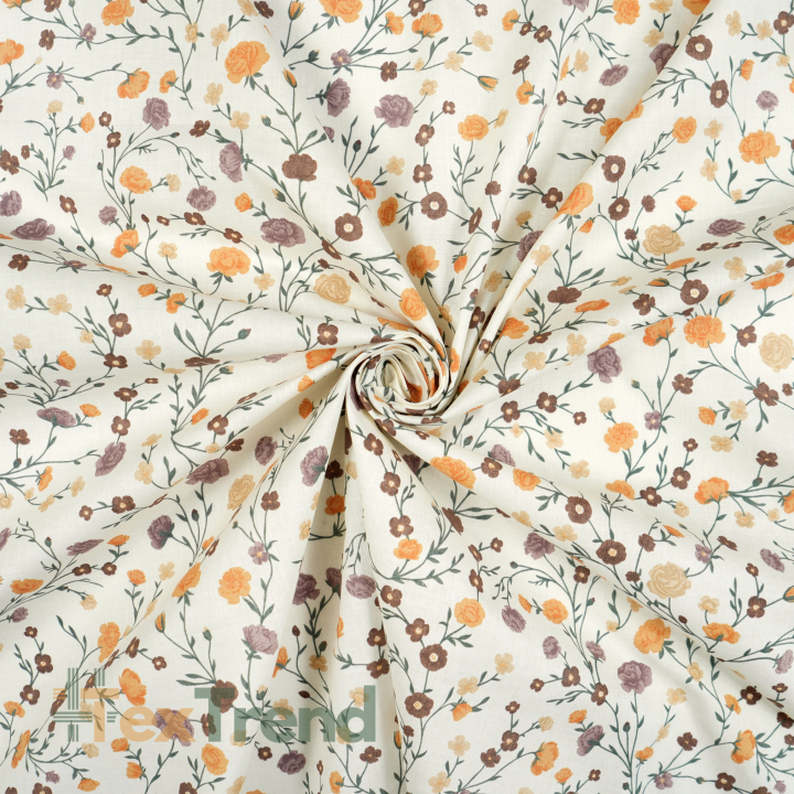 100% Baumwolle Blumen Zweige Mini Orange-Braun auf Ecru Hintergrund