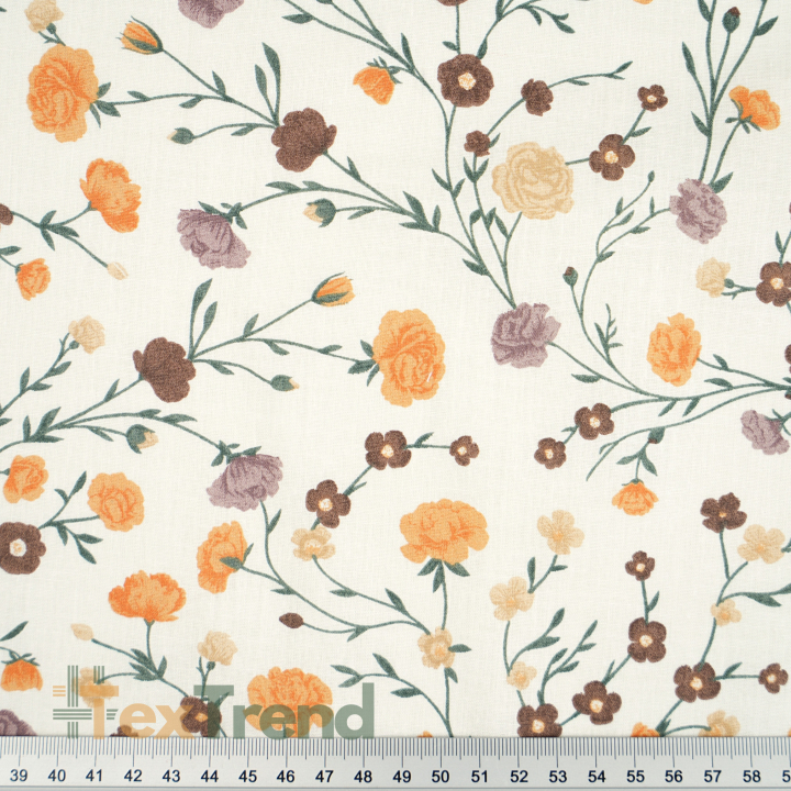 100% Baumwolle Blumen Zweige Mini Orange-Braun auf Ecru Hintergrund
