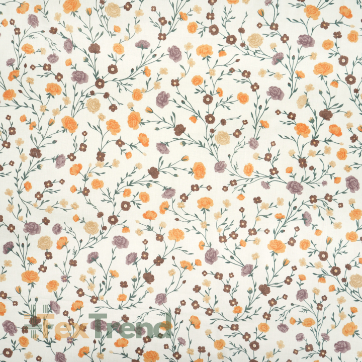 100% Baumwolle Blumen Zweige Mini Orange-Braun auf Ecru Hintergrund