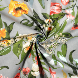 100% Baumwolle mit orangefarbenen Mohnblumen auf grauem Hintergrund - 220cm