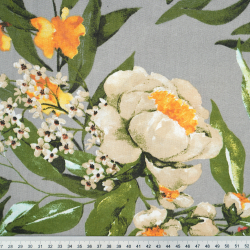 100% Baumwolle mit orangefarbenen Mohnblumen auf grauem Hintergrund - 220cm