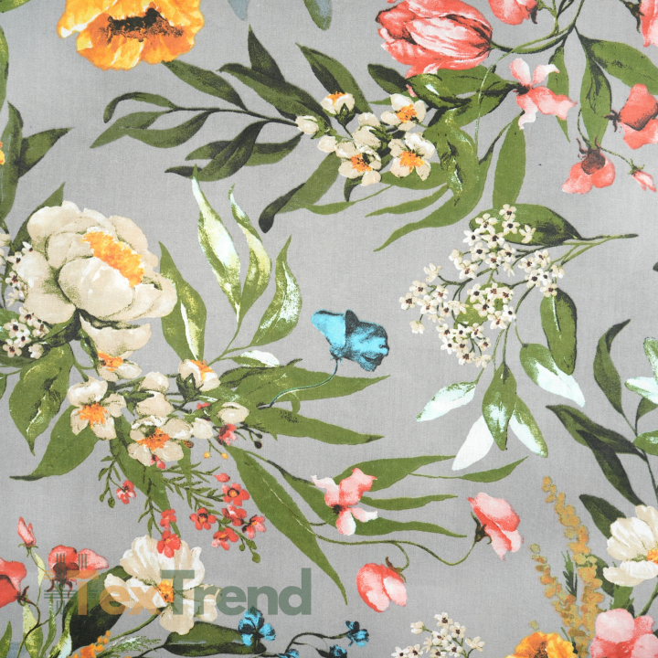 100% Baumwolle mit orangefarbenen Mohnblumen auf grauem Hintergrund - 220cm