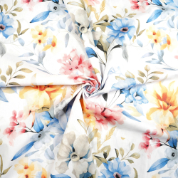 100% Baumwolle Blumen blau-gelb-rosa auf weißem Hintergrund