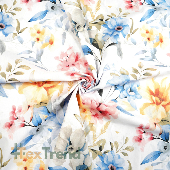 100% Baumwolle Blumen blau-gelb-rosa auf weißem Hintergrund