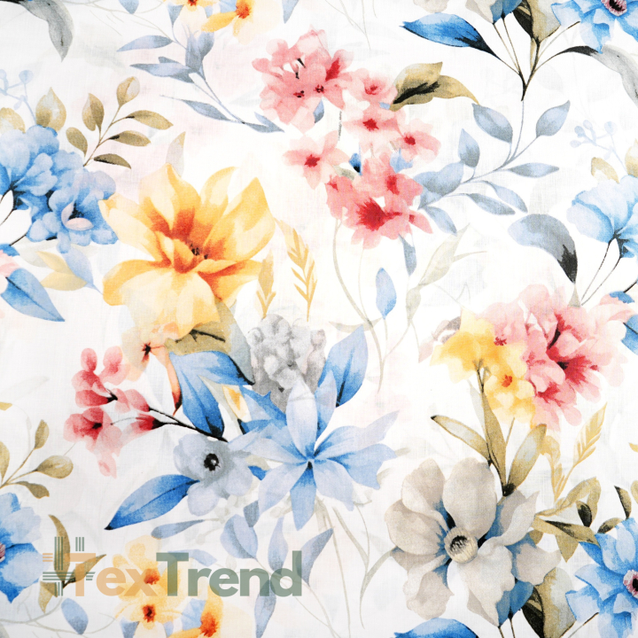 100% Baumwolle Blumen blau-gelb-rosa auf weißem Hintergrund