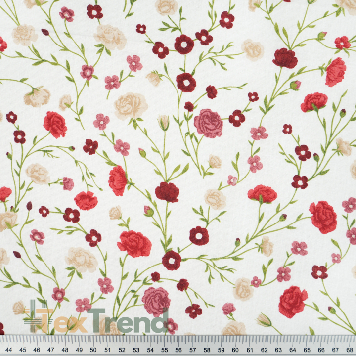 100% Baumwolle Blumen Zweige Mini Rot auf weißem Hintergrund