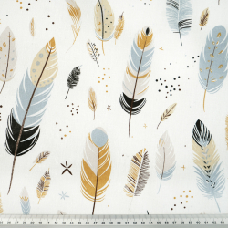 100% Baumwolle mit beigen und grauen Federn auf ecrufarbenem Hintergrund