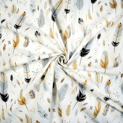 100% Baumwolle mit beigen und grauen Federn auf ecrufarbenem Hintergrund