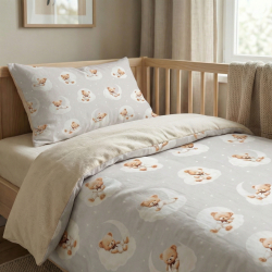 100% Baumwolle mit Bären und Schleifen auf hellbeigem Hintergrund