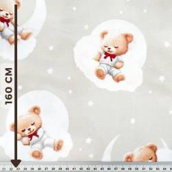 100% Baumwolle mit Bären und Schleifen auf hellbeigem Hintergrund