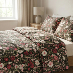 100% Baumwolle Mohnblumen auf bordeauxfarbenem Hintergrund auf schwarzem Grund