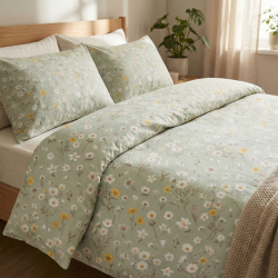 100% Baumwolle Wiesenblumen Mix auf mintgrünem Hintergrund