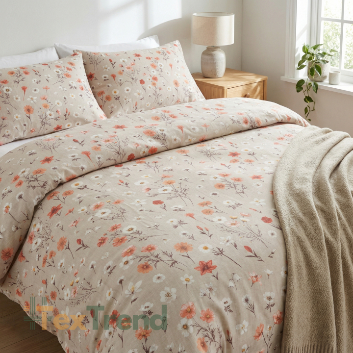 100% Baumwolle mit Wildblumen-Mix auf beigem Hintergrund