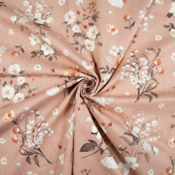 100% Baumwolle mit Maiglöckchen und Wildrose auf schmutzig-rosafarbenem Hintergrund