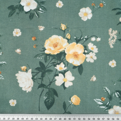 100% Baumwolle mit Maiglöckchen und Wildrose auf salbeigrünem Hintergrund