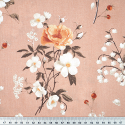 100% Baumwolle mit Maiglöckchen und Wildrose auf schmutzig-rosafarbenem Hintergrund