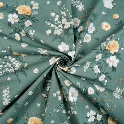 100% Baumwolle mit Maiglöckchen und Wildrose auf salbeigrünem Hintergrund