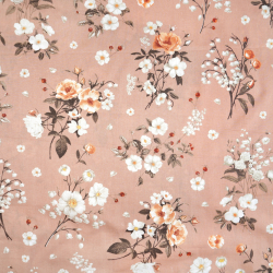 100% Baumwolle mit Maiglöckchen und Wildrose auf schmutzig-rosafarbenem Hintergrund