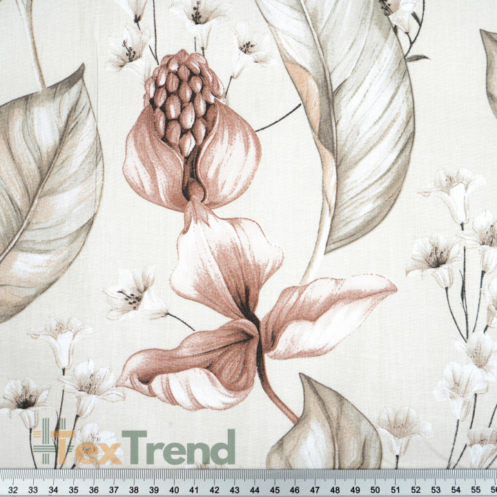 100% Baumwolle exotische Blumen auf beigem Hintergrund