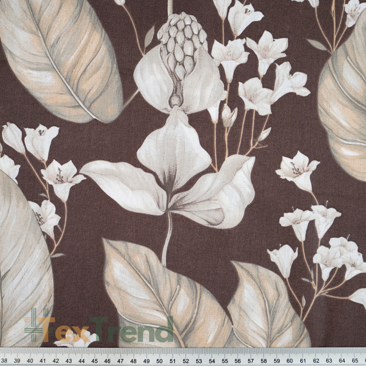 100% Baumwolle exotische Blumen auf braunem Hintergrund