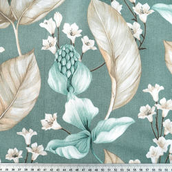 100% Baumwolle exotische Blumen auf salbeifarbenem Hintergrund