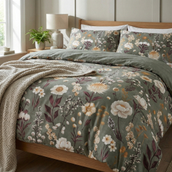 100% Baumwolle blühender Garten auf grauem Salbeihintergrund