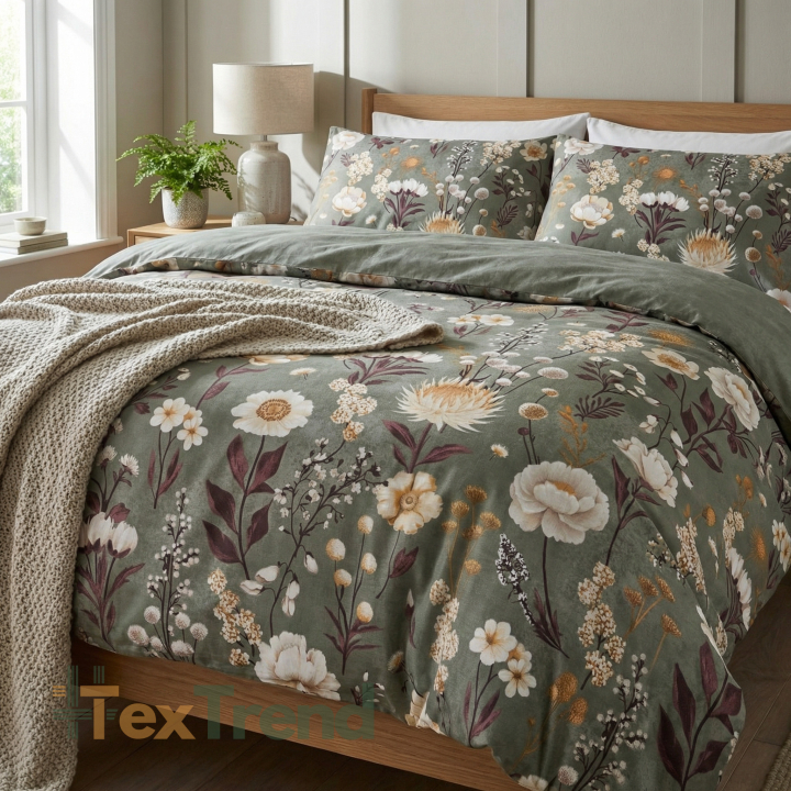 100% Baumwolle blühender Garten auf grauem Salbeihintergrund