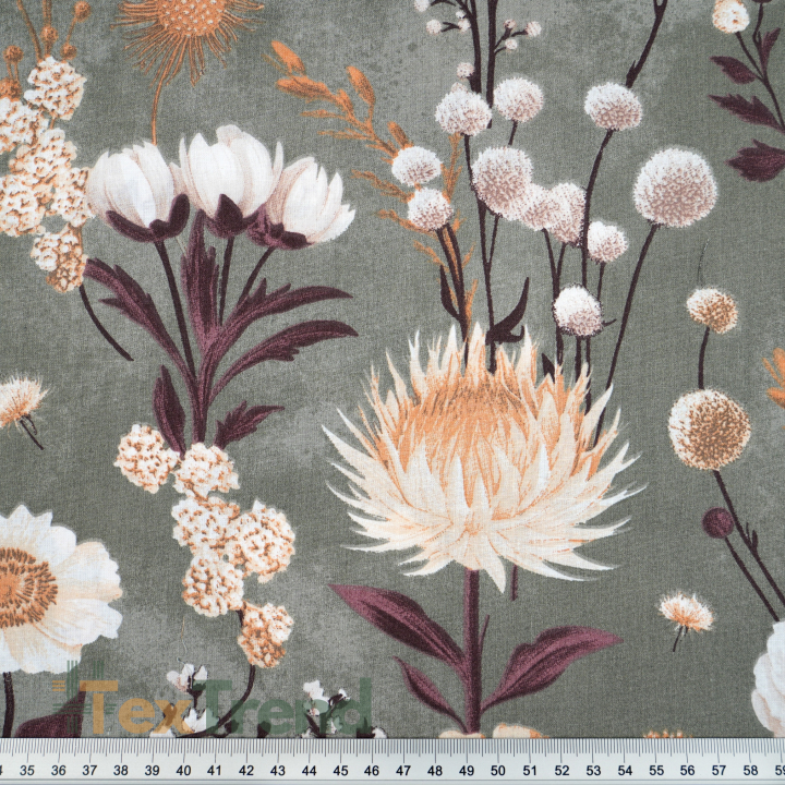 100% Baumwolle blühender Garten auf grauem Salbeihintergrund