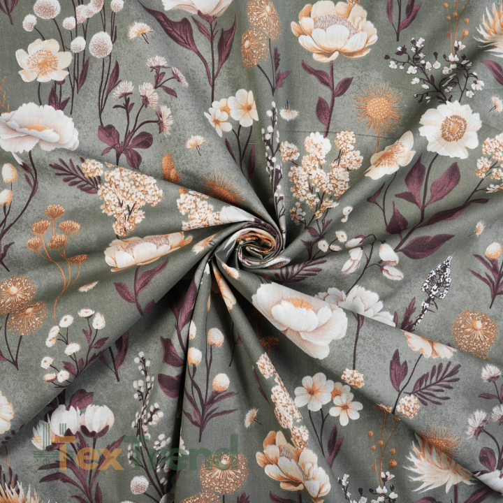 100% Baumwolle blühender Garten auf grauem Salbeihintergrund