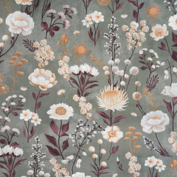 100% Baumwolle blühender Garten auf grauem Salbeihintergrund