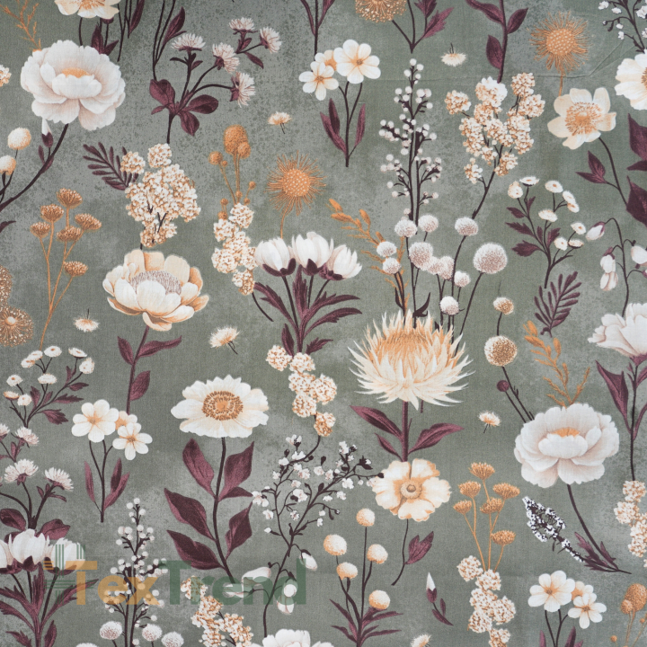 100% Baumwolle blühender Garten auf grauem Salbeihintergrund