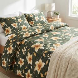 100% Baumwolle mit Vanilleblumen auf dunkelgrünem Hintergrund