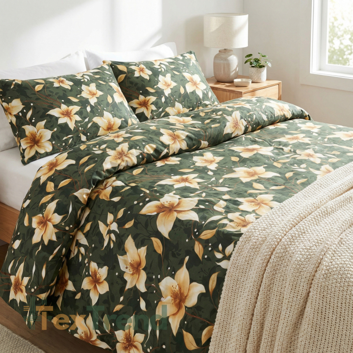 100% Baumwolle mit Vanilleblumen auf dunkelgrünem Hintergrund