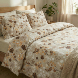 100% Baumwolle Blumen und Blätter braun auf beigem Hintergrund