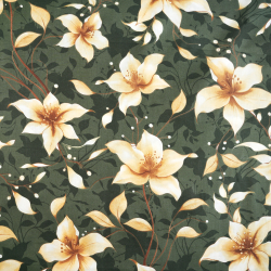 100% Baumwolle mit Vanilleblumen auf dunkelgrünem Hintergrund