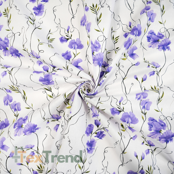 100% Baumwolle lila Blumen an Ranken auf weißem Hintergrund - 220 cm