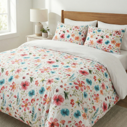 100% Baumwolle große Wiesenblumen rot-orange-türkis auf weißem Hintergrund