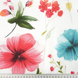 100% Baumwolle große Wiesenblumen rot-orange-türkis auf weißem Hintergrund