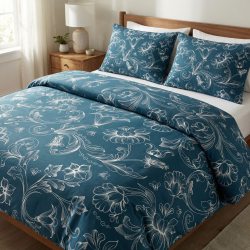 100% Baumwolle Blumen Konturen Weiß auf dunkelblauem Hintergrund