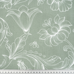 100% Baumwolle Blumen Konturen Weiß auf olivgrünem Hintergrund