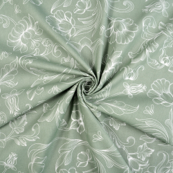 100% Baumwolle Blumen Konturen Weiß auf olivgrünem Hintergrund