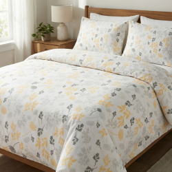 100% Baumwolle gelb-graue Blätter auf weißem Hintergrund