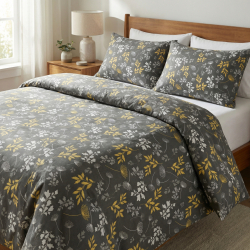 100% Baumwolle gelb-graue Blätter auf braun-grauem Hintergrund